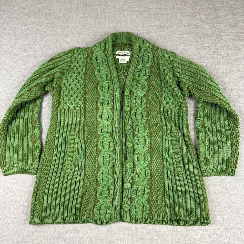 Aran Crafts Cardigan Sweater Womens L Green 100% Wool Cable Knit Pockets Ireland